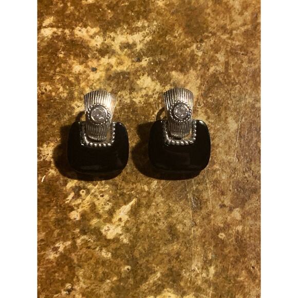 Judith Ripka Earrings Sterling Silver, CZ & Black Onyx Door Knockers Omega Backs - Picture 3 of 11